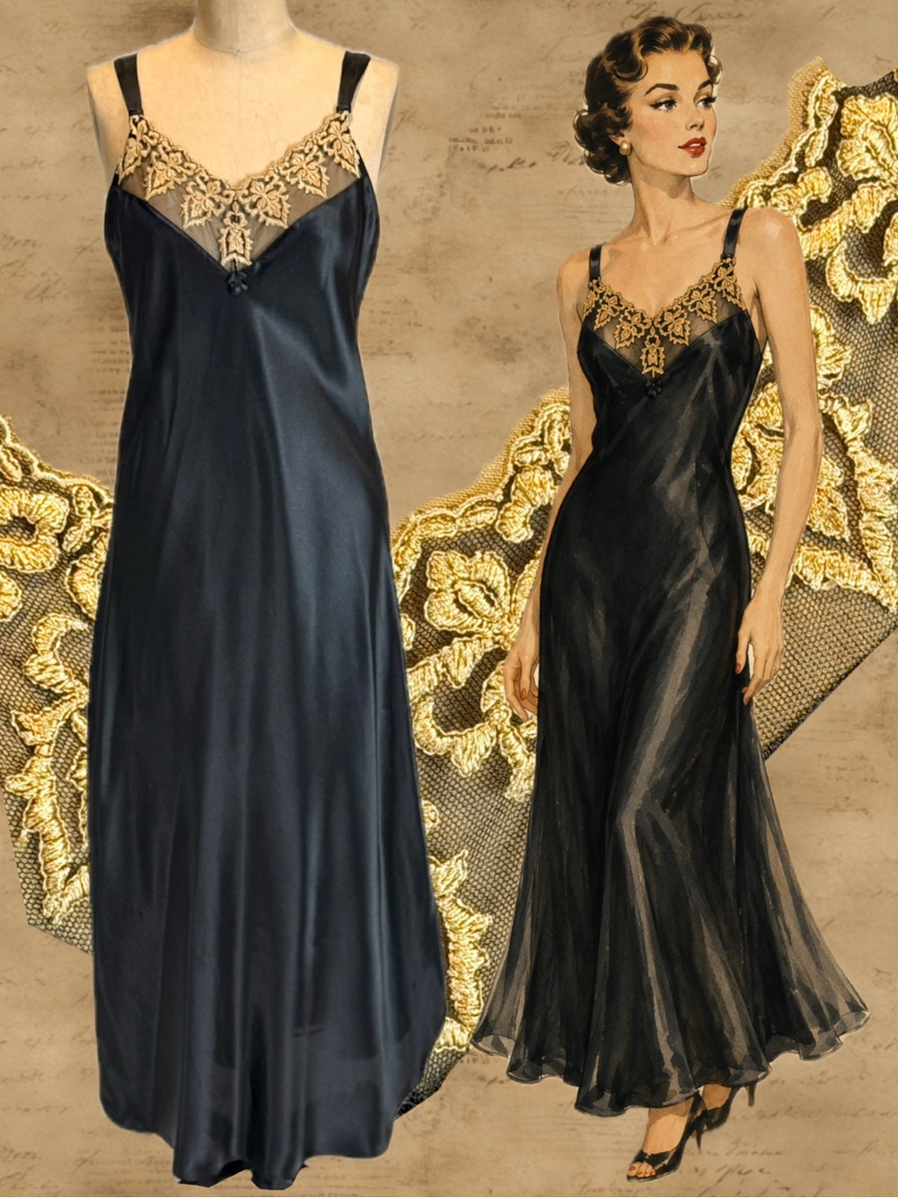 VINTAGE 90s black satin long maxi slip dress nightgown evening gown‎ gold lace
